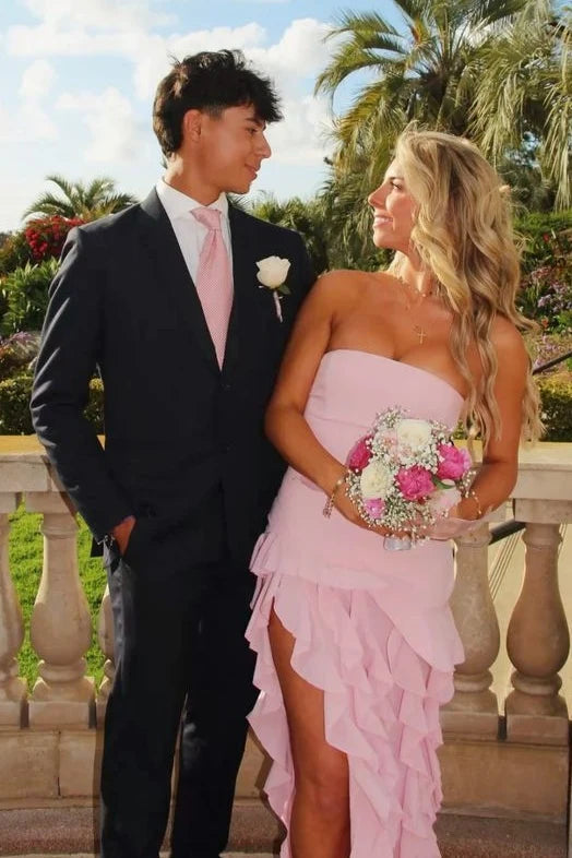 Pretty Sheath Strapless Pink Long Party Dress with Ruffles Split Front SH7626