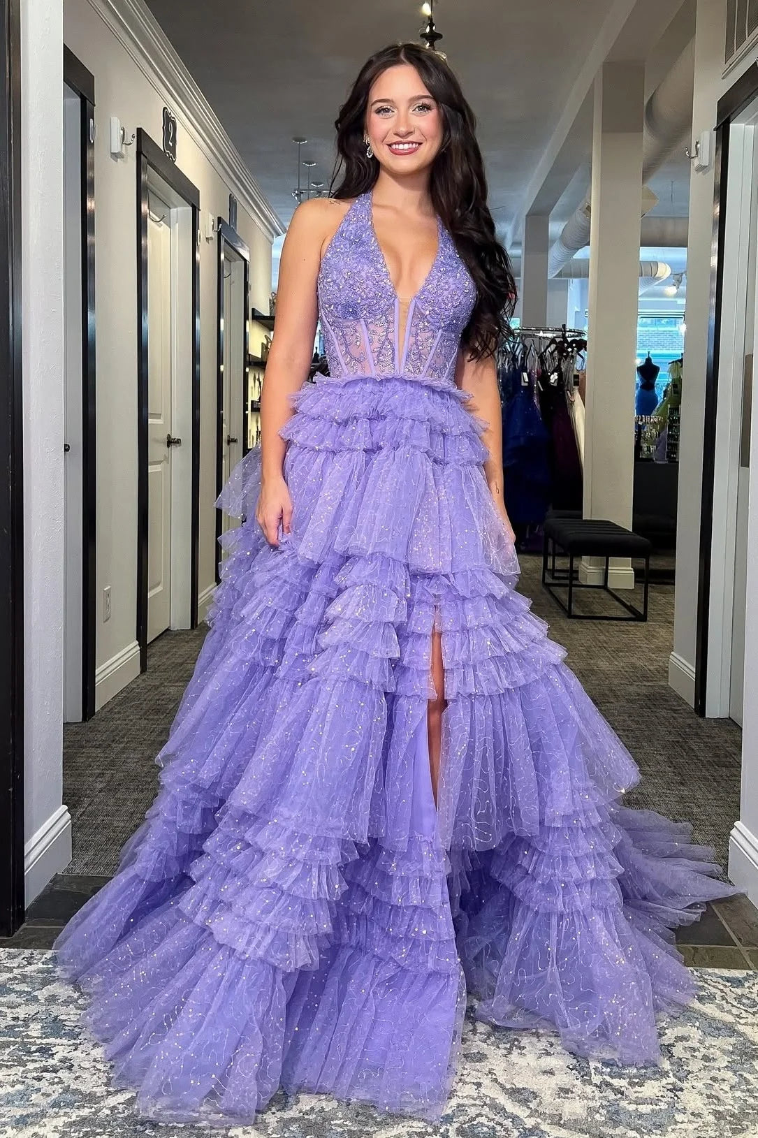 Princess A Line Halter Neck Lilac Corset Prom Dress with Ruffles SH8117