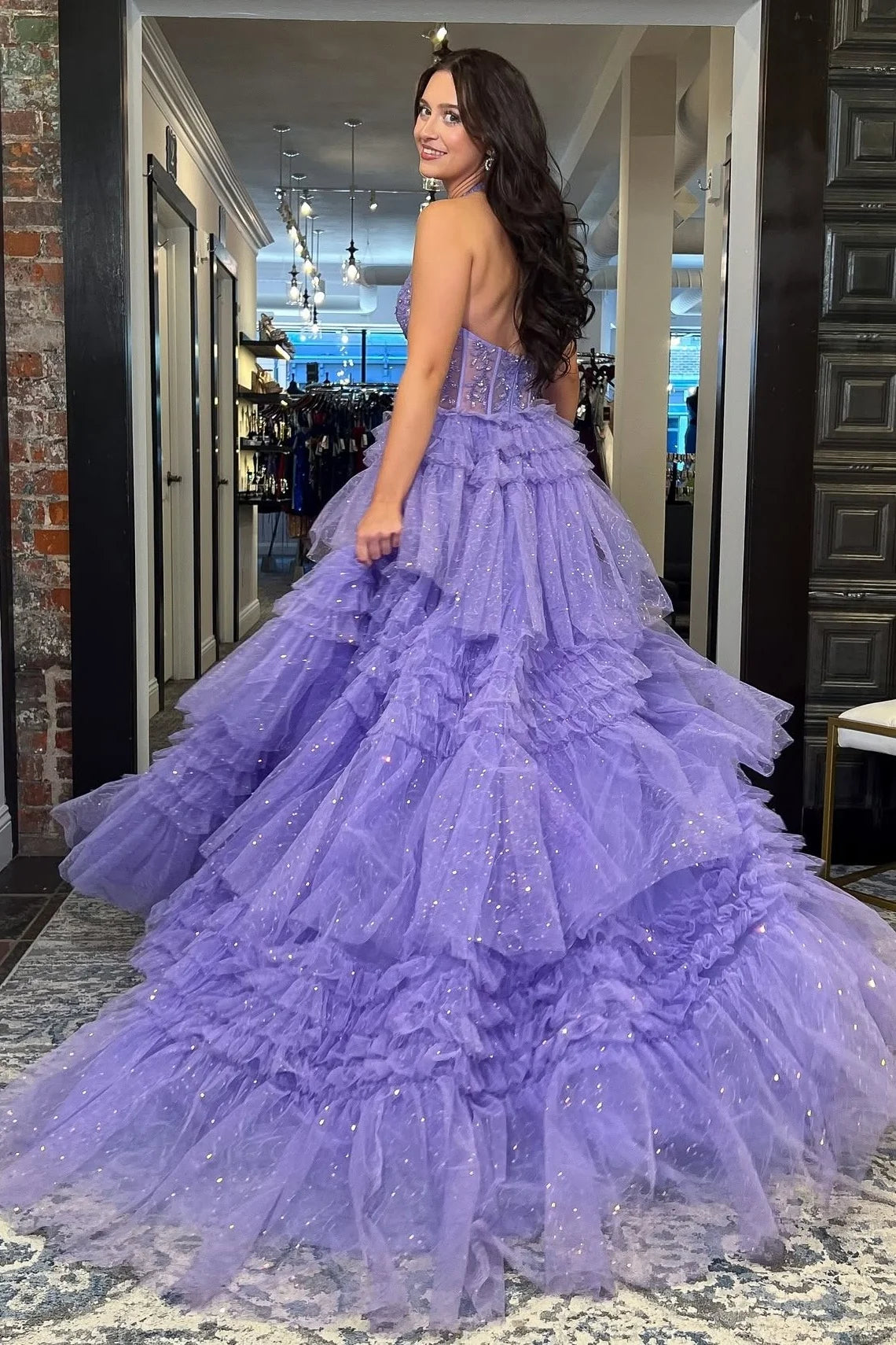 Princess A Line Halter Neck Lilac Corset Prom Dress with Ruffles SH8117
