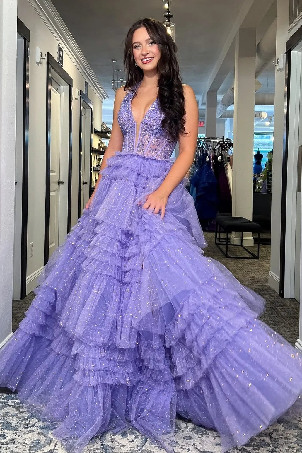 Princess A Line Halter Neck Lilac Corset Prom Dress with Ruffles SH8117