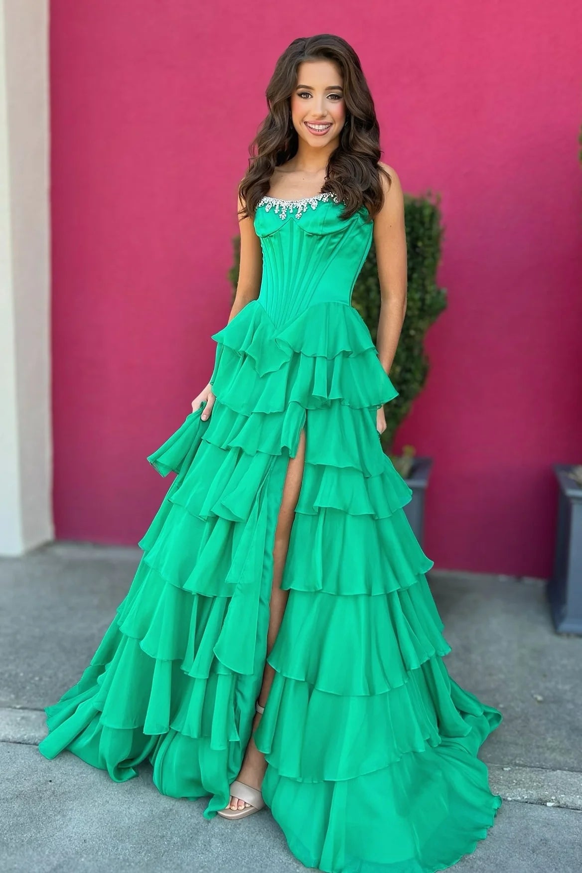 Princess A Line Strapless Green Corset Prom Dress with Beading Ruffles SH8135