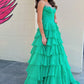 Princess A Line Strapless Green Corset Prom Dress with Beading Ruffles SH8135