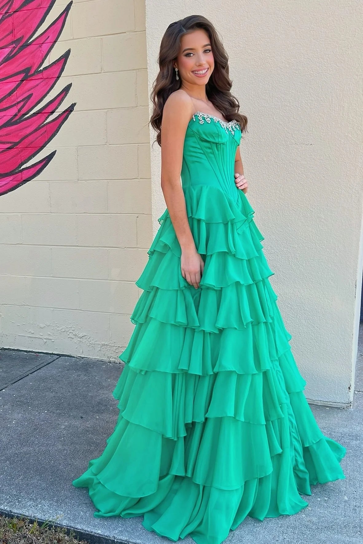 Princess A Line Strapless Green Corset Prom Dress with Beading Ruffles SH8135