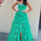 Princess A Line Strapless Green Corset Prom Dress with Beading Ruffles SH8135