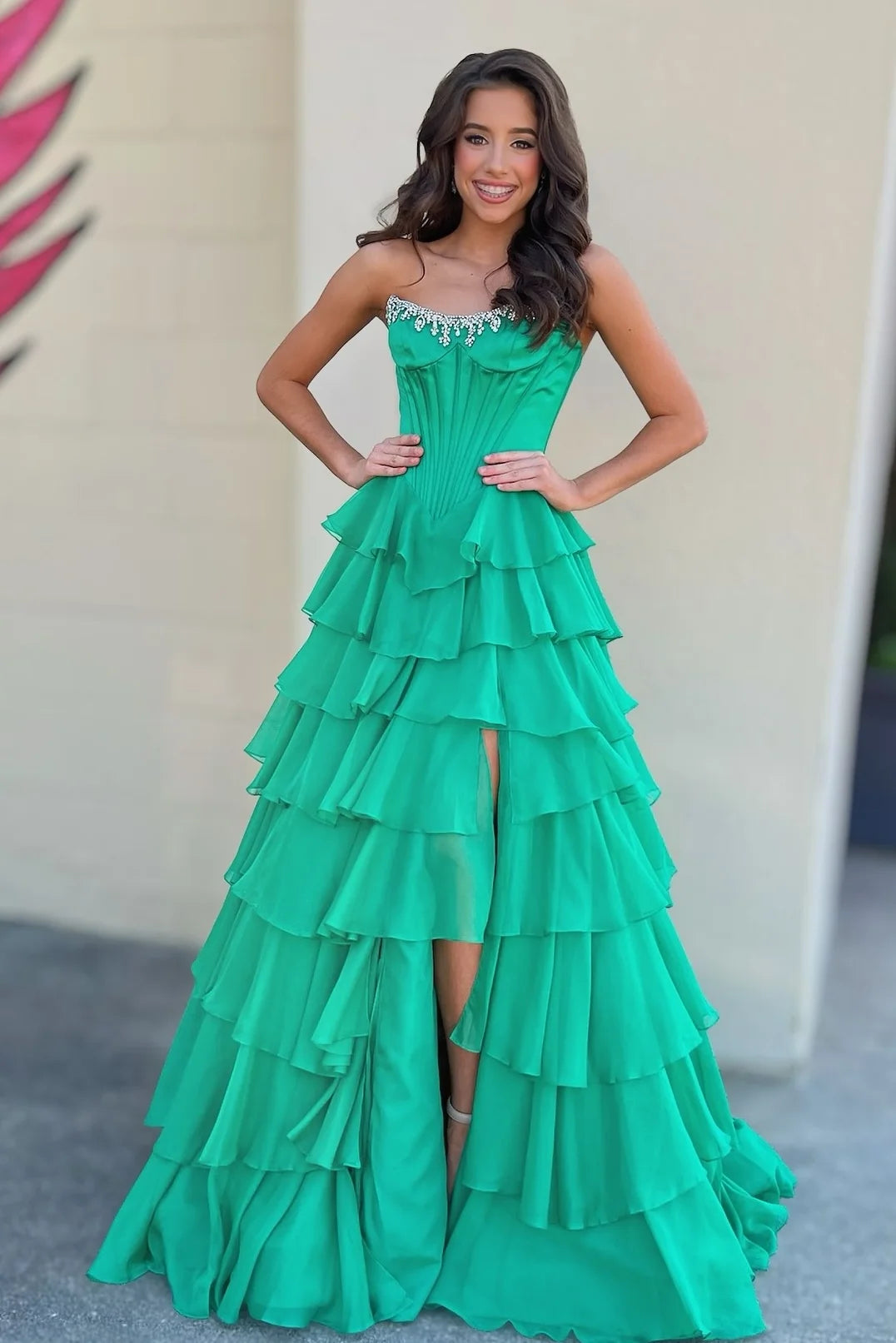 Princess A Line Strapless Green Corset Prom Dress with Beading Ruffles SH8135