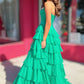 Princess A Line Strapless Green Corset Prom Dress with Beading Ruffles SH8135