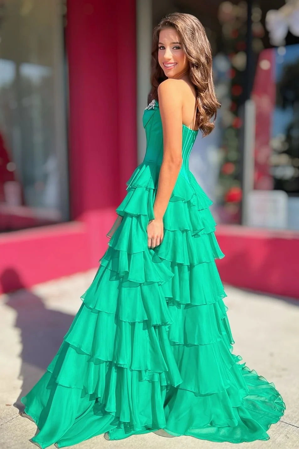 Princess A Line Strapless Green Corset Prom Dress with Beading Ruffles SH8135