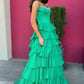 Princess A Line Strapless Green Corset Prom Dress with Beading Ruffles SH8135