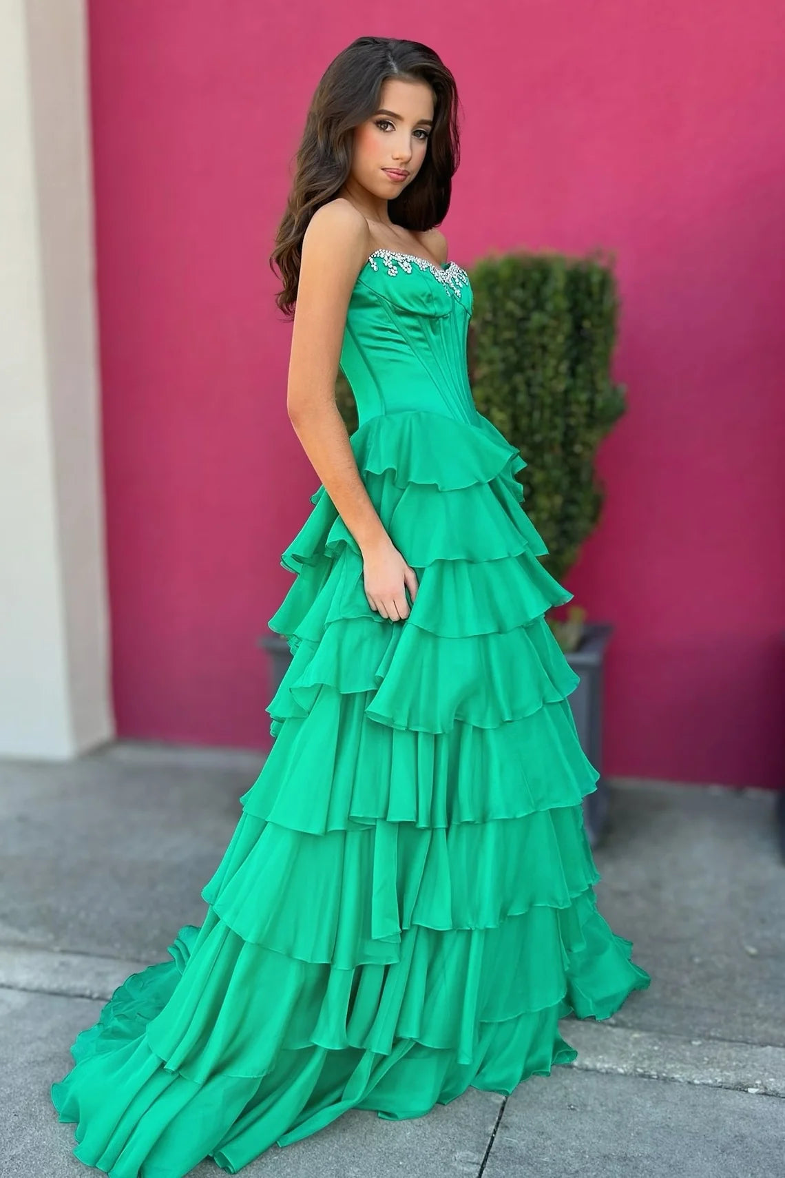 Princess A Line Strapless Green Corset Prom Dress with Beading Ruffles SH8135