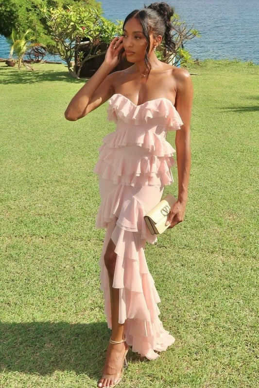 Princess Sheath Sweetheart Pink Long Prom Dress with Ruffles SH8180