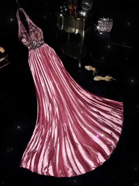 Pink Luxurious A Line Halter Embroidery Beaded Satin Long Prom Dress SH5485