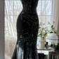 Gorgeous Mermaid Spaghetti Strap Beaded Black Chiffon Party Dress Evening Dress SH2961