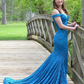 Off Shoulder Blue Mermaid Lace Long Evening Dresses，Formal Prom Dress SH639