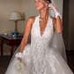 Elegant Exquisite Rhinestone Ball Gown Halter White Lace Tulle Long Wedding Dress SH4937
