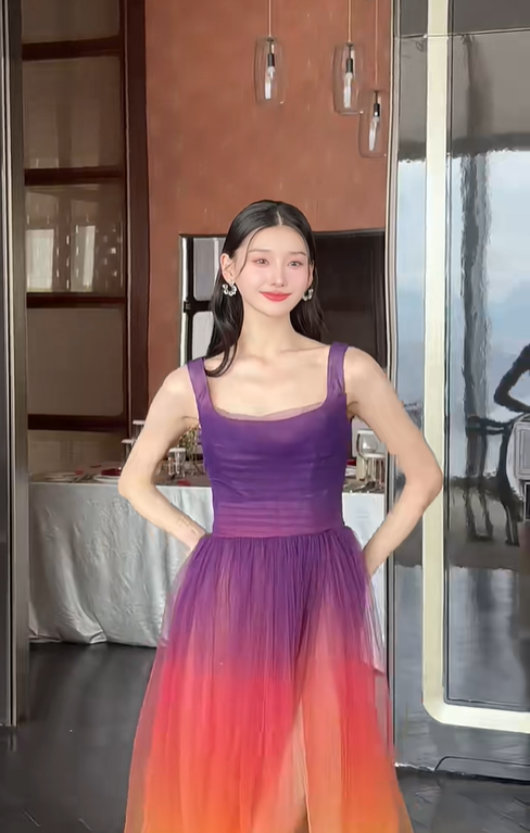 Stunning A Line Straps Purple Orange Ombre Tulle Prom Dress Party Dress SH4737