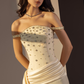 Princess Yellow A Line Off the Shoulder Beaded Satin Long Prom Dress Evening Dress SH6745