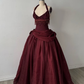 Vintage Burgundy Halter Beaded Satin Long Prom Dress Party Dress SH5531