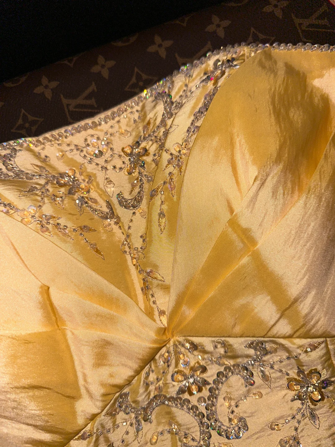 Gentle A Line Strapless Beaded Sequin Yellow Satin Long Prom Dress Party Dress SH3045
