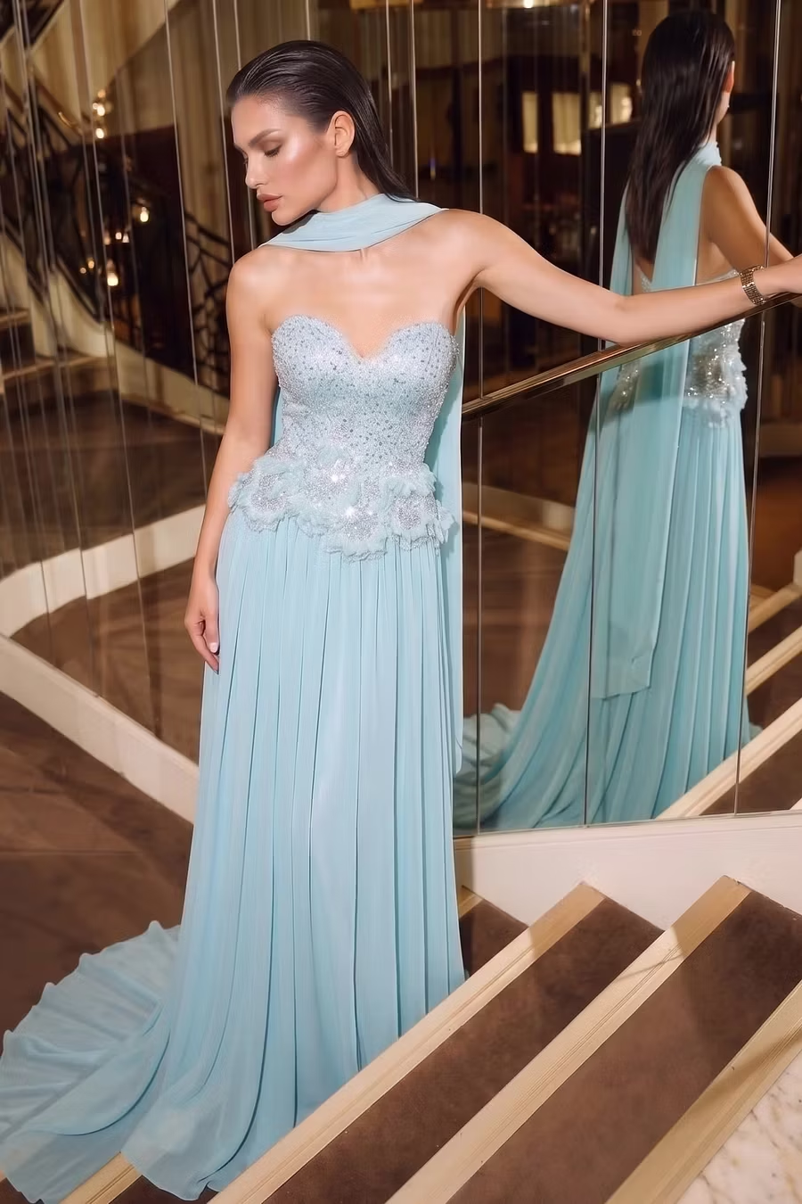 Classy Blue A Line Strapless Beaded Sequin Chiffon Prom Dress Evening Dress SH8562