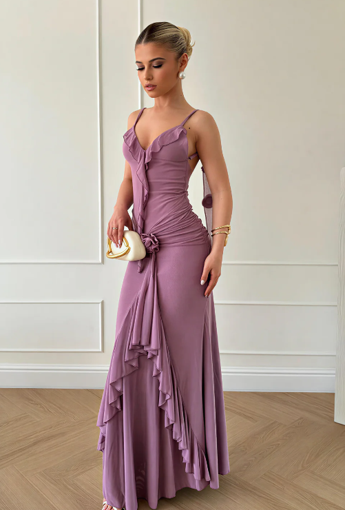 Sexy Grape Purple Sheath Straps Chiffon Open Back Prom Dress Party Dress SH3978