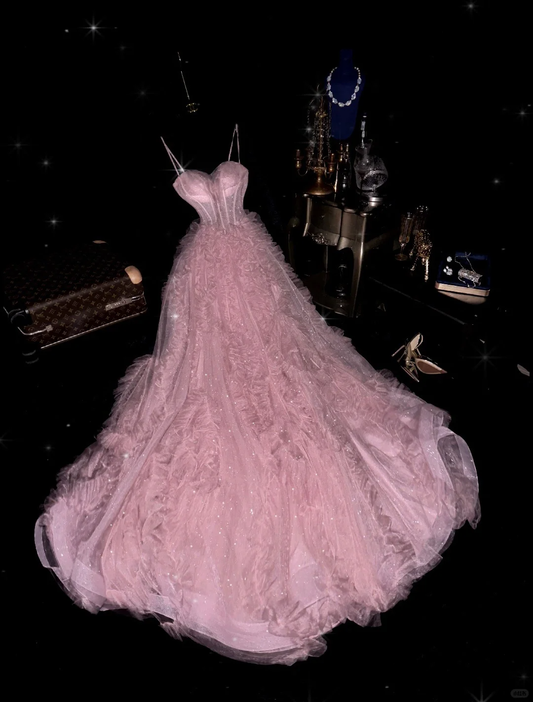 Pretty A Line Sweetheart Neck Sequin Pink Tulle Long Prom Dress Evening Dress SH3143