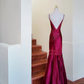 Vintage Red Mermaid Spaghetti Straps Embroidered Beaded Satin Graduation Prom Dress SH5263