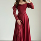 Elegant Burgundy A Line Long Sleeve Lace Satin Prom Dress Wedding Guest Dress SH6012