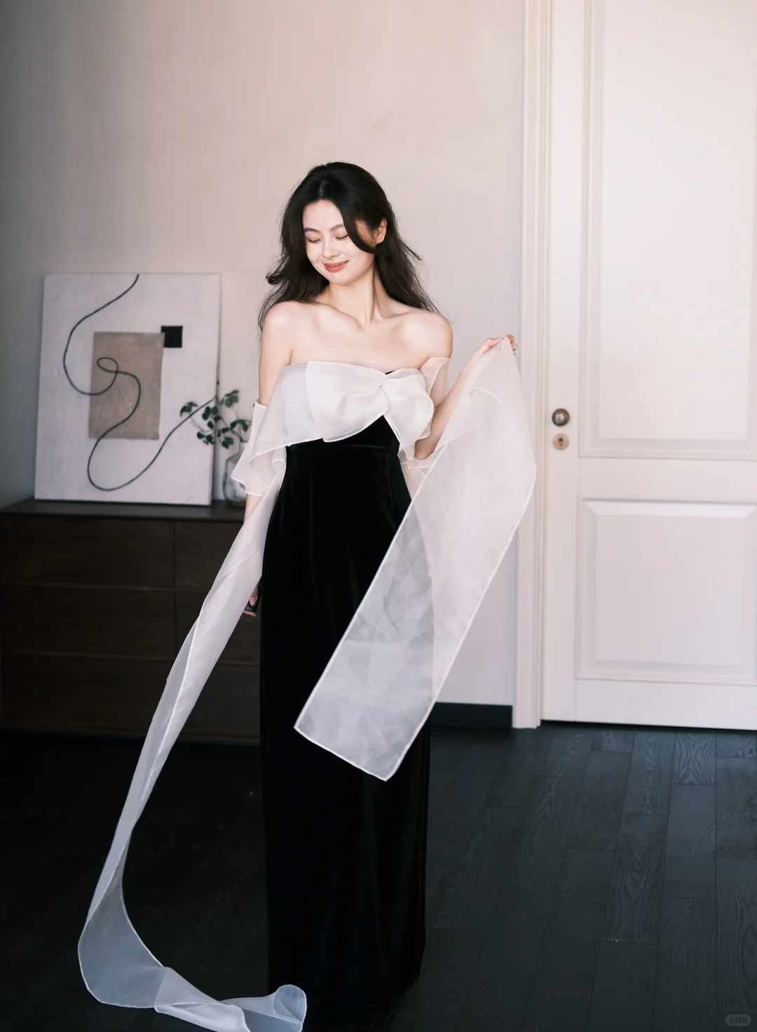 Cute A Line Off the Shoulder White Organza Black Velvet Long Prom Dress SH4583