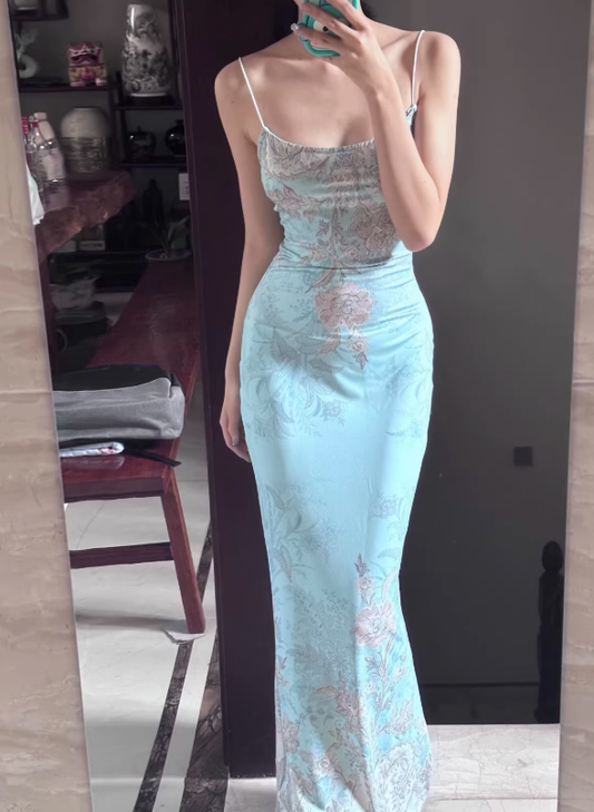 Blue Sheath Straps Print Floral Satin Long Prom Dress SH5158