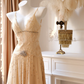 Shiny Vintage A Line V Neck Beaded Apricot Lace Chiffon Short Homecoming Dress SH5333