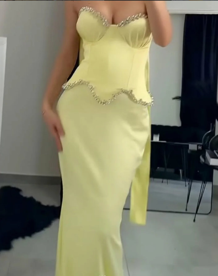 Yellow Mermaid Sweetheart Neck Beaded Satin Long Prom Dress Evening Dress SH7311