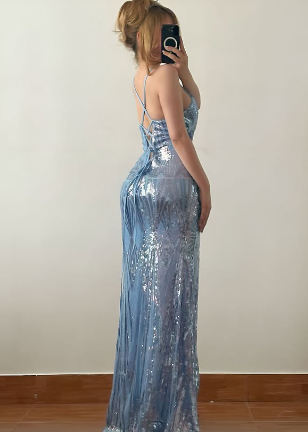 Shiny Baby Blue Sheath Spaghetti Strap Sequin Long Prom Dress Evening Dress SH6892