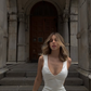 White Elegant Mermaid V Neck Satin Long Prom Dress Wedding Dress SH4616