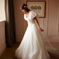 Cute A Line Puff Sleeve Pleated White Tulle Long Wedding Dress SH8257