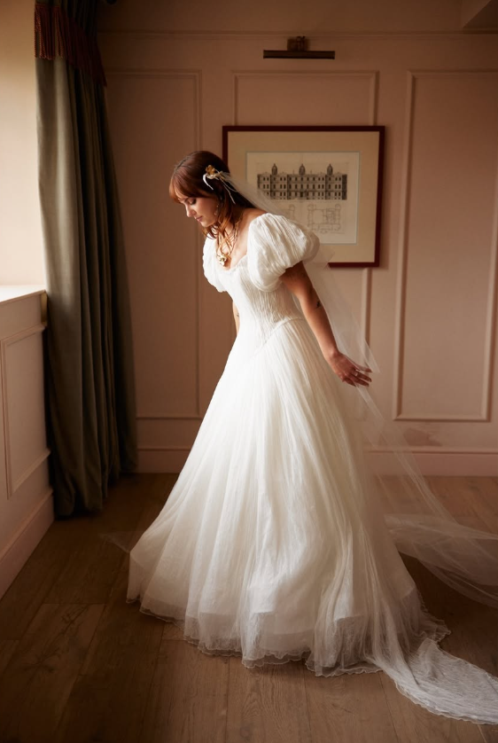 Cute A Line Puff Sleeve Pleated White Tulle Long Wedding Dress SH8257