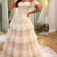 Princess Ball Gown Off the Shoulder White Layered Lace Long Wedding Dress SH7070