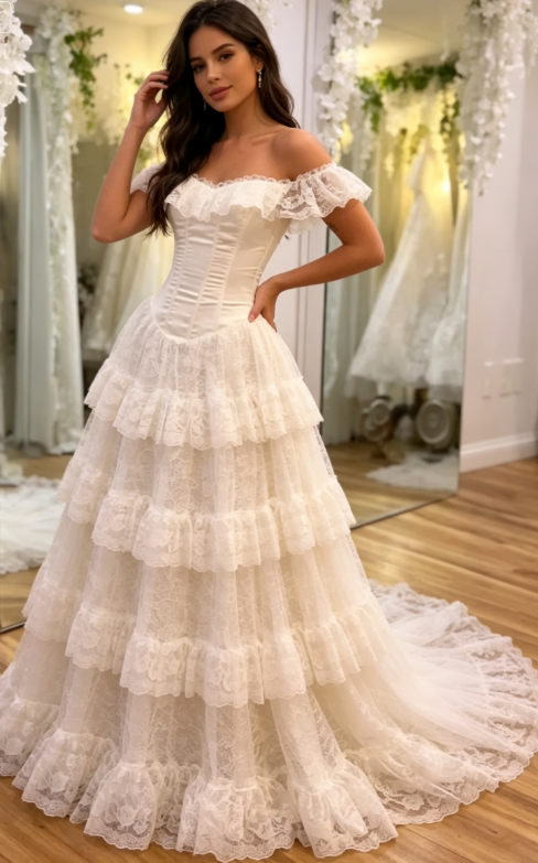 Princess Ball Gown Off the Shoulder White Layered Lace Long Wedding Dress SH7070