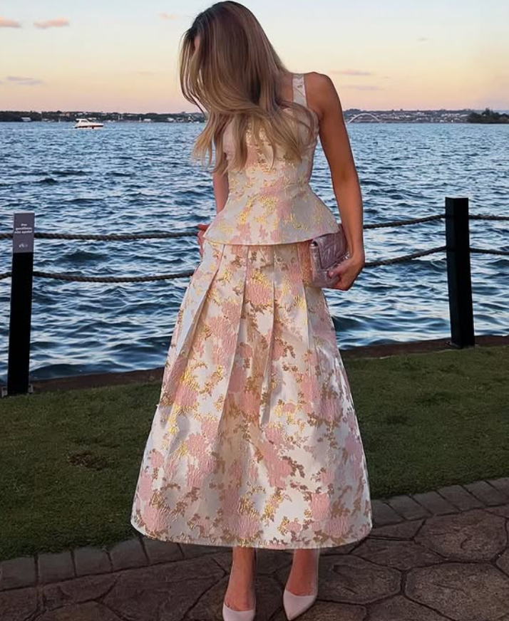 Two Piece A Line Straps Pink Print Floral Satin Prom Dress Evening Dress SH6355