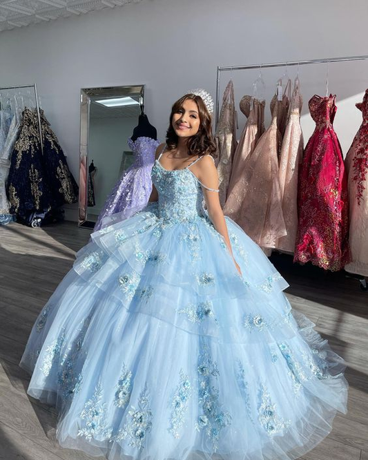 Blue Tulle Appliques Puff Prom Dress Quinceanera Dress Ball Gown SH1097