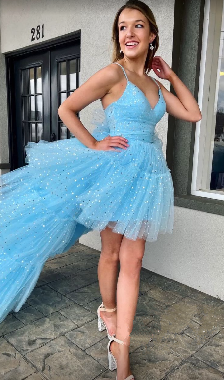 Unique Spaghetti Strap Blue Layered Tulle Sequined Hi-Lo Prom Dress SH624