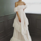 Elegant A Line Off the Shoulder Tiered White Tulle Long Prom Dress Evening Dress SH2632