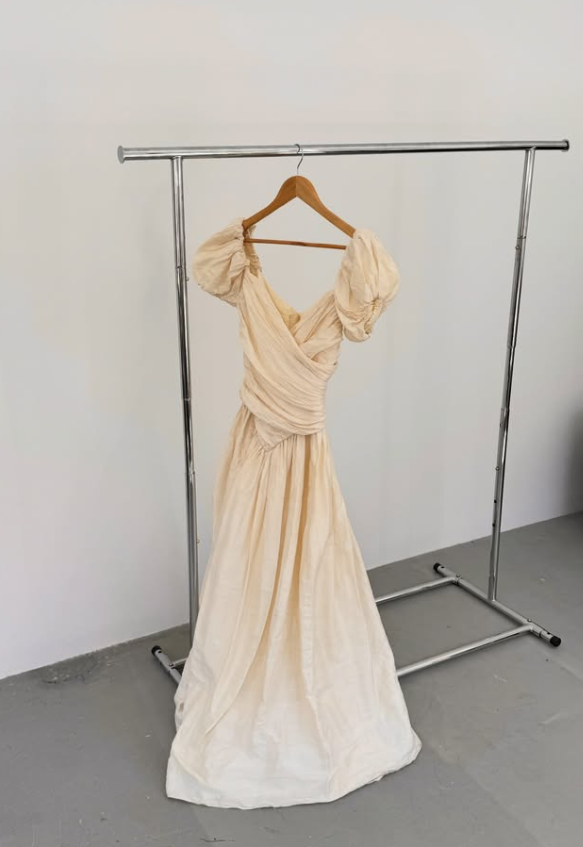 Vintage A Line Puff Sleeve Light Apricot Pleated Satin Wedding Dress SH8470