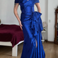 Vintage Royal Blue Mermaid V Neck Satin Slit Prom Dress Evening Dress Date Dress SH5635