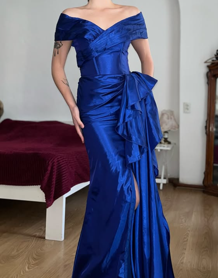 Vintage Royal Blue Mermaid V Neck Satin Slit Prom Dress Evening Dress Date Dress SH5635