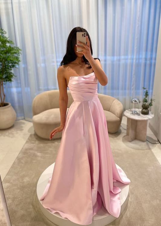 Gentle Pink A Line Strapless Satin Long Prom Dress Party Evening Dress SH5703