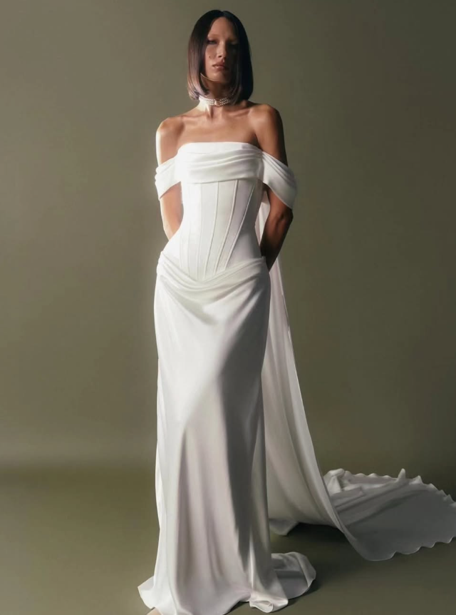 High-class A Line Off the Shoulder Corset White Satin Long Train Wedding Dress SH7349