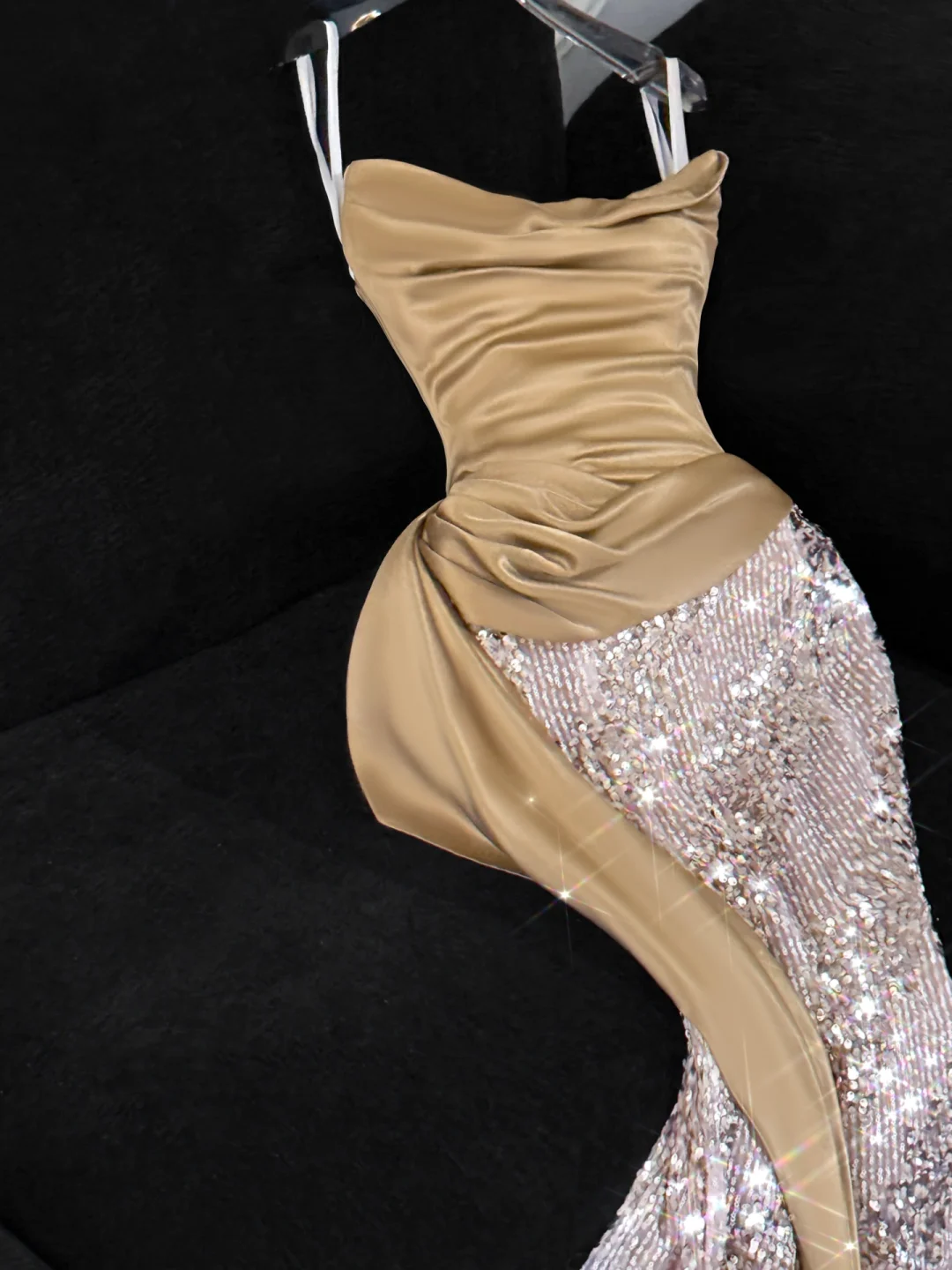 Khaki Mermaid Strapless Sequin Satin Long Prom Dress Evening Dress SH3097