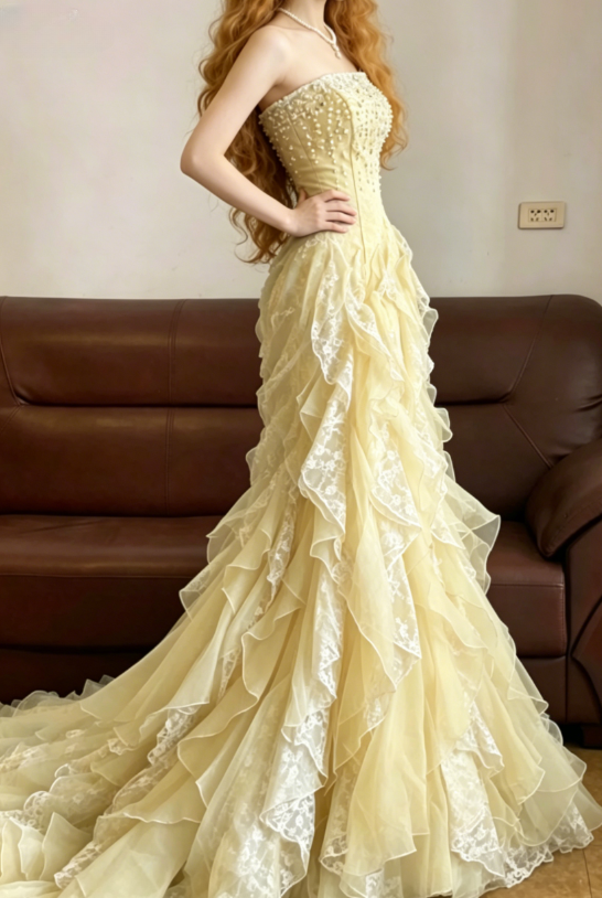 Baby Blue Mermaid Exquisite Beaded Layered Chiffon Lace Graduation Prom Dress Wedding Guest Dress SH5430