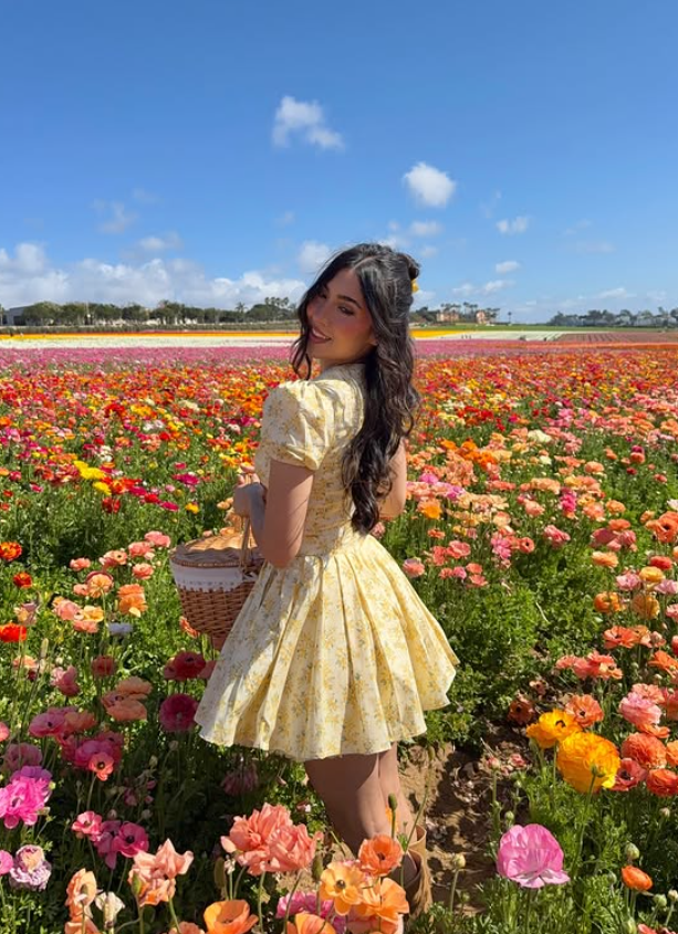 Yellow A Line Puff Sleeve Print Floral Satin Short Prom Dress Homecoming Dress SH6396