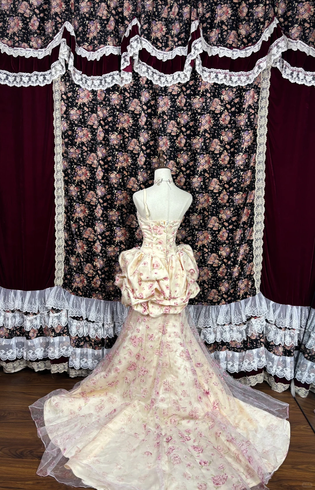 Vintage Pink Print Floral Apricot Satin Prom Dress Party Evening Dress SH5693